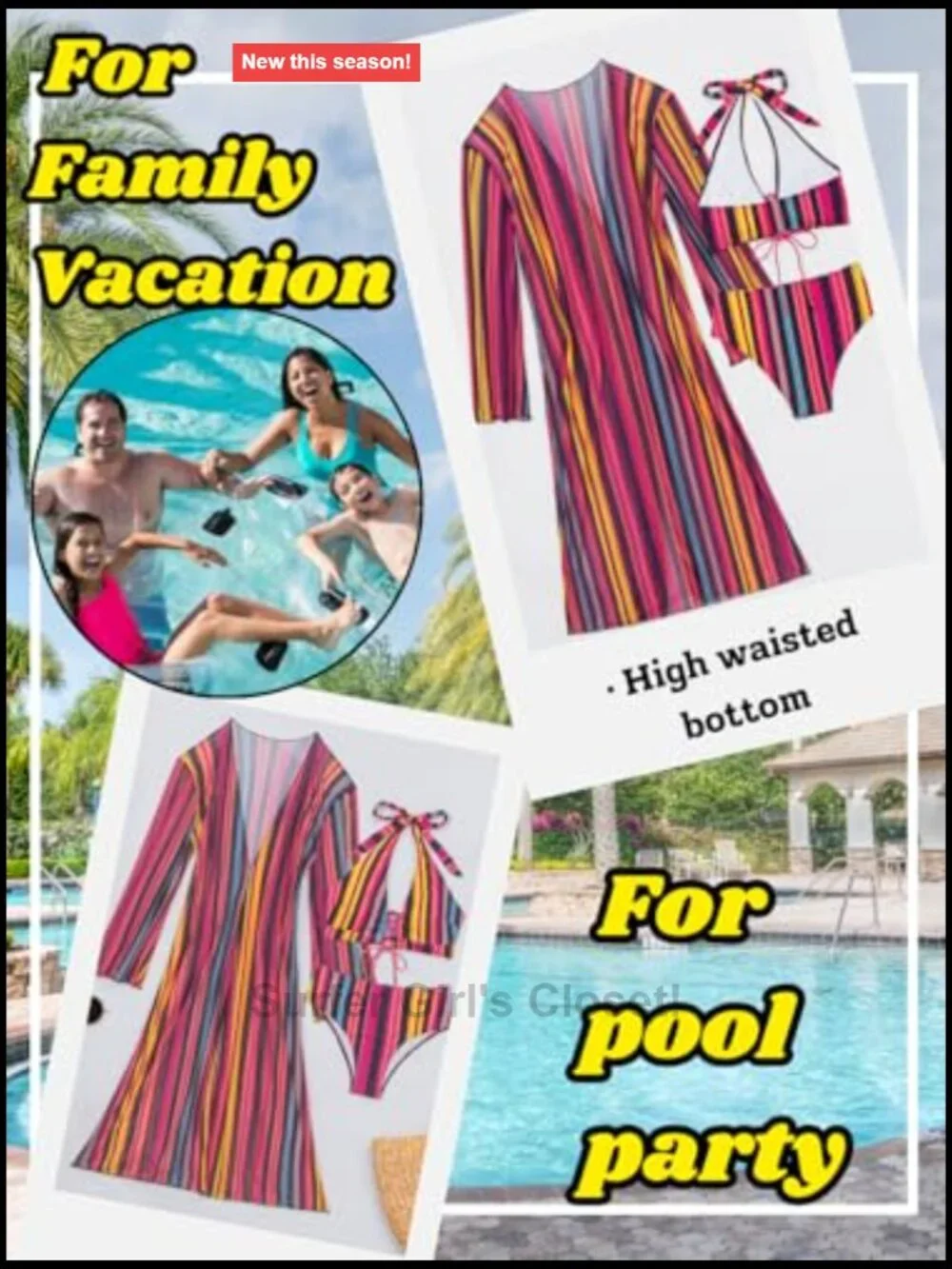 3 Piece Swimsuit Set with Halter Top, High Waisted Bottoms & Cover Up